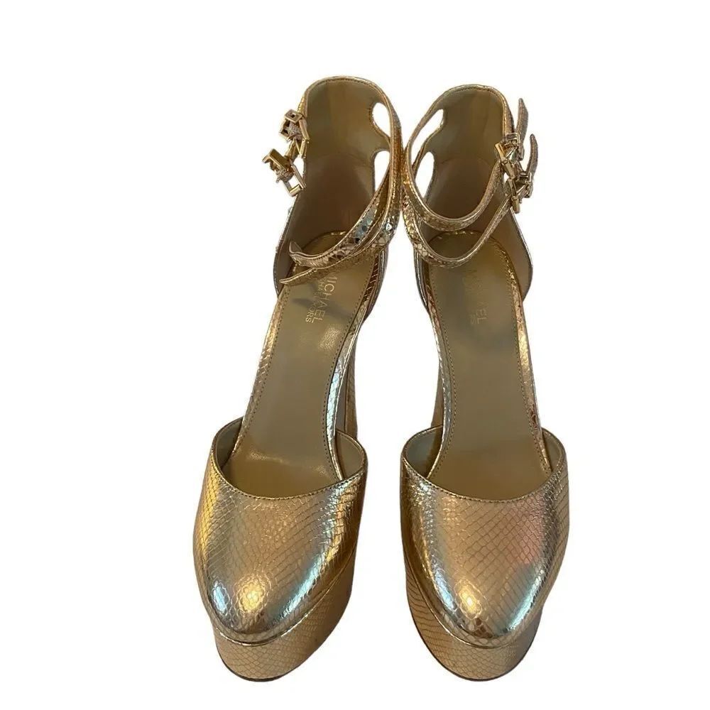 Michael Kors Sexy Gold Tone Round Toe Dual Ankle Strap Stilettos in Size 6.5
